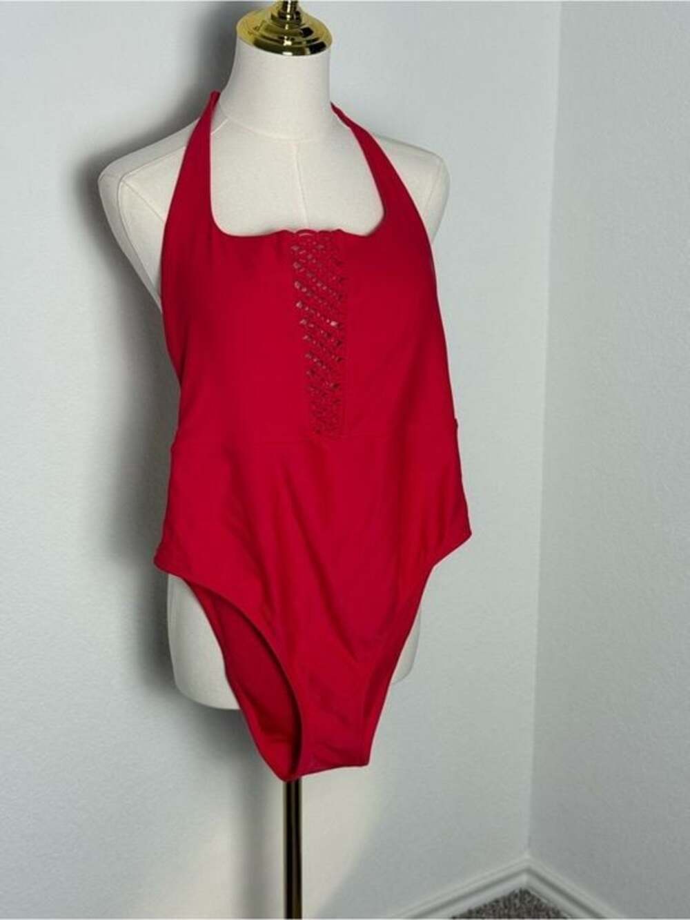 aerie Red One-Piece Swimsuit Knotted Design with Halter Top and Removable Pads L